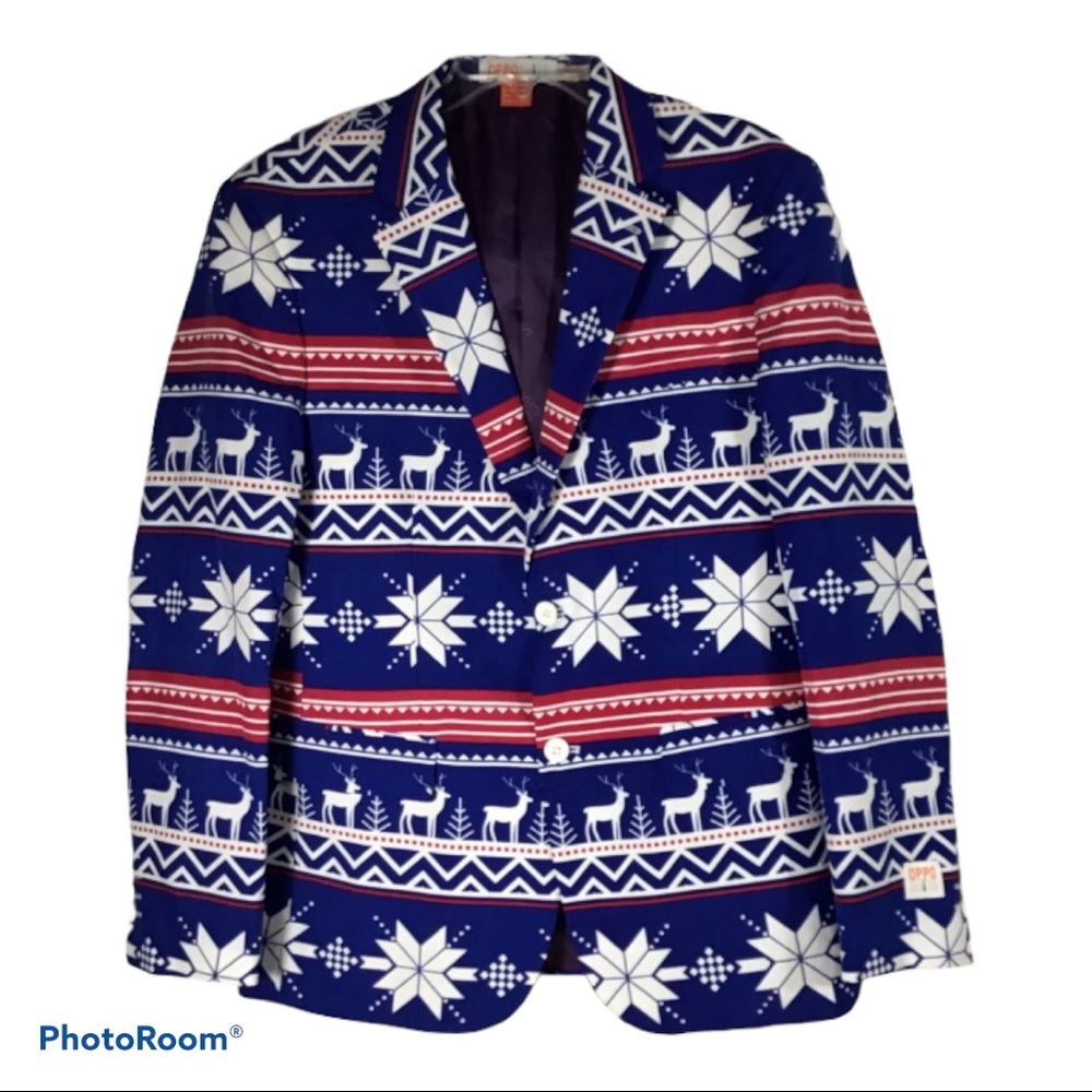The Rudolph Deer Snowflake Blazer Jacket Red Blue White NWOT size 40